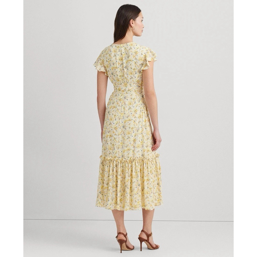 Lauren Ralph Women's Florals Georgette Flutter-Sleeve A-Line Dress Sz 14 Yellow - Picture 6 of 16
